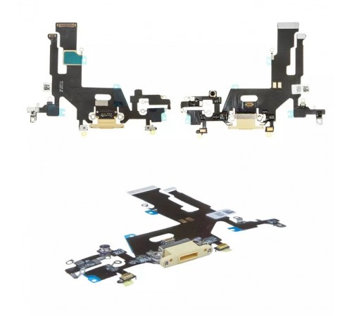 Шлейф для iPhone 11, конектора навушників, конектора зарядки, жовтий, з мікрофоном, High Copy