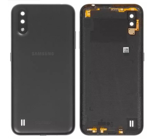Задняя панель корпуса для Samsung A015 Galaxy A01, черная + стекло камеры, с боковыми кнопками
