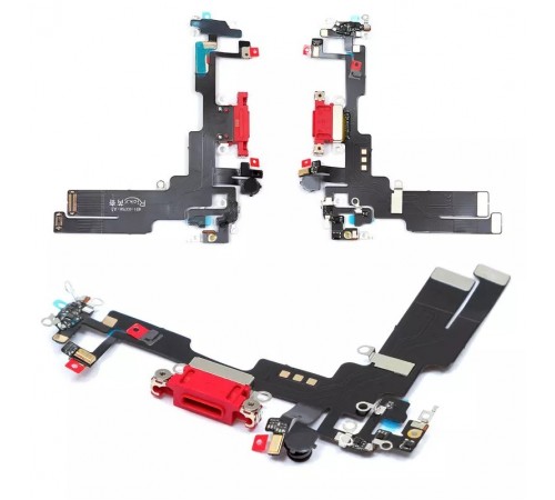 Шлейф для iPhone 14, коннектора зарядки, красный, с микрофоном, с компонентами, High Copy