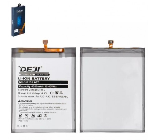 Аккумулятор Deji EB-BA505ABU для Samsung A205 Galaxy A20, A305F/DS Galaxy A30, A307F/DS Galaxy A30s, A505F/DS Galaxy A50, A507 Galaxy A50s, Li-ion, 3,85 B, 4000 мАч Аккумулятор Deji EB-BA505ABU для Samsung A205 Galaxy A20, A305F/DS Galaxy A30, A307F/DS Galaxy A30s, A505F/DS Galaxy A50, A507 Galaxy A50s, Li-ion, 3,85 B, 4000 мАч