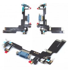 Шлейф для iPhone 14, коннектора зарядки, синий, с микрофоном, с компонентами, High Copy
