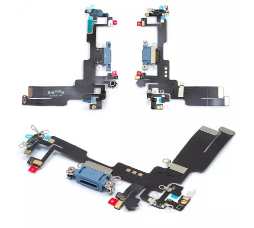 Шлейф для iPhone 14, коннектора зарядки, синий, с микрофоном, с компонентами, High Copy