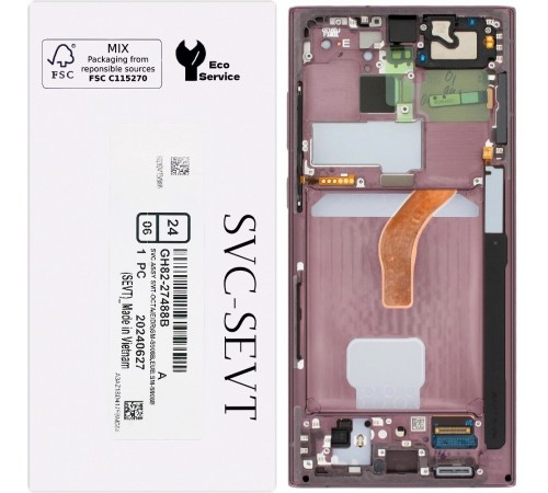 Дисплей для Samsung S908B Galaxy S22 Ultra 5G, бордовый (Burgundy), с рамкой, Original, сервисная упаковка, #GH82-29021B