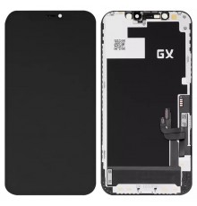 Дисплей для iPhone 12, iPhone 12 Pro, чорний, з рамкою, High Copy з пластиками камери та датчика наближення, (OLED), GX OEM hard